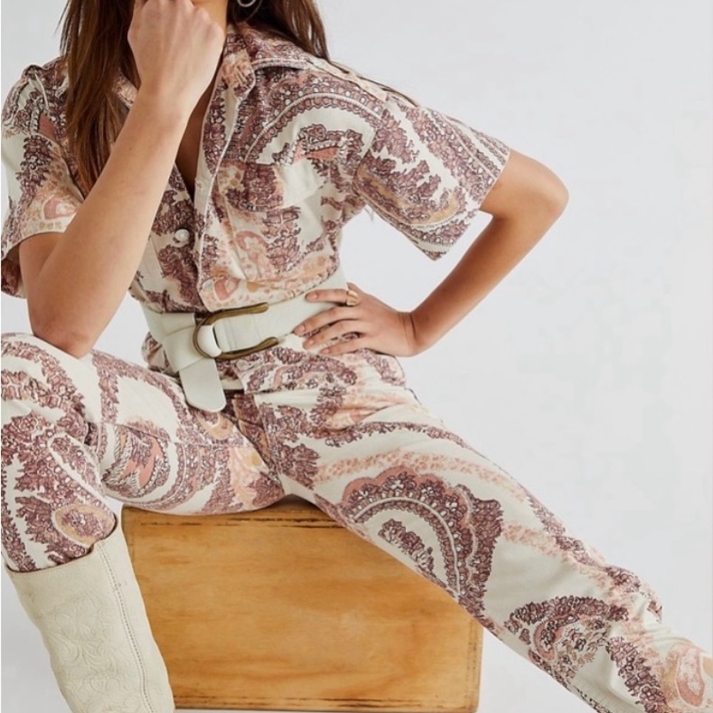 Free People Maci Jumpsuit in Khaki, Ivory, & Red Paisley Print